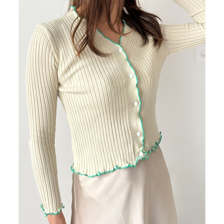 配色メロウフリルリブカーディガン レディース 韓国 | Dewlily | 詳細画像10 