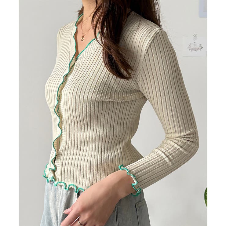 配色メロウフリルリブカーディガン レディース 韓国 | Dewlily | 詳細画像12 