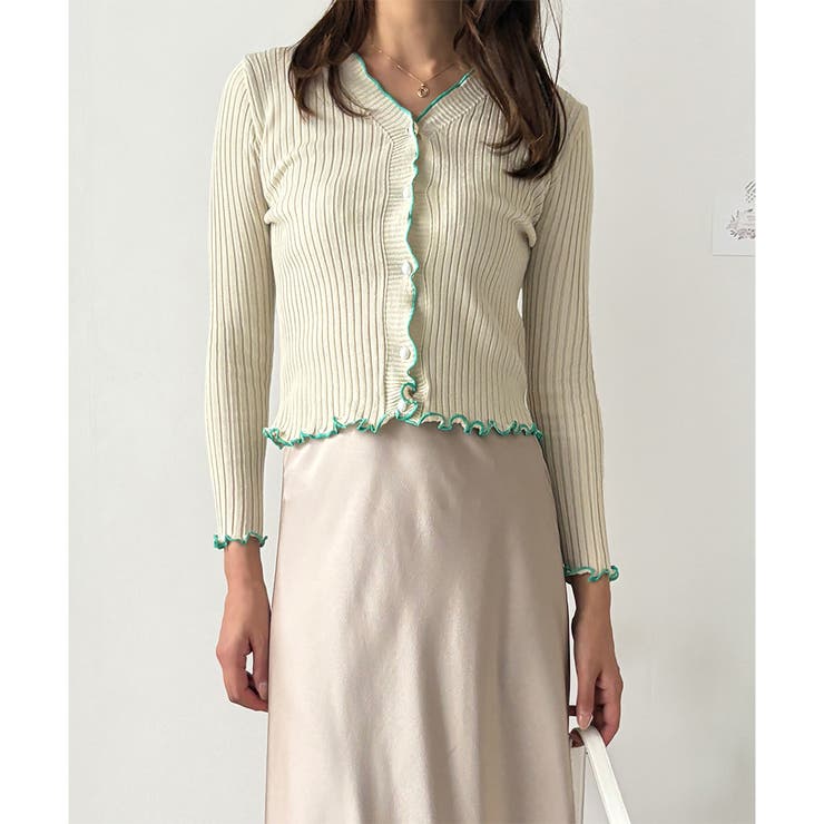 配色メロウフリルリブカーディガン レディース 韓国 | Dewlily | 詳細画像2 