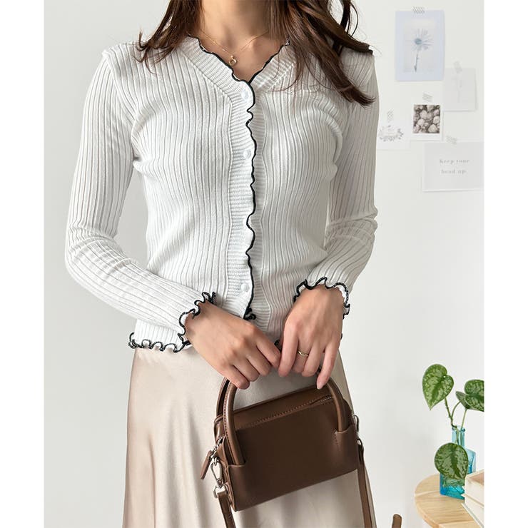 配色メロウフリルリブカーディガン レディース 韓国 | Dewlily | 詳細画像4 