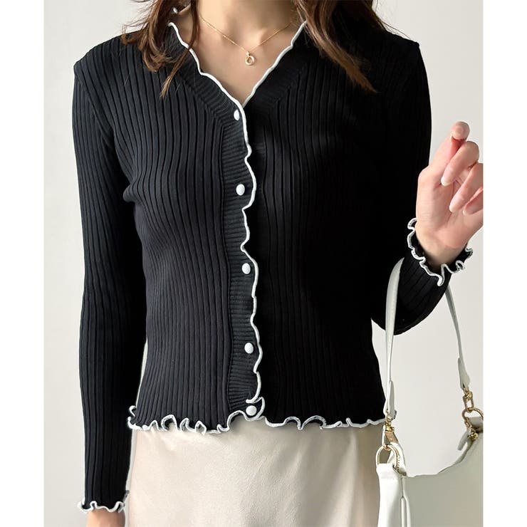 ブラック | 配色メロウフリルリブカーディガン レディース 韓国 | Dewlily