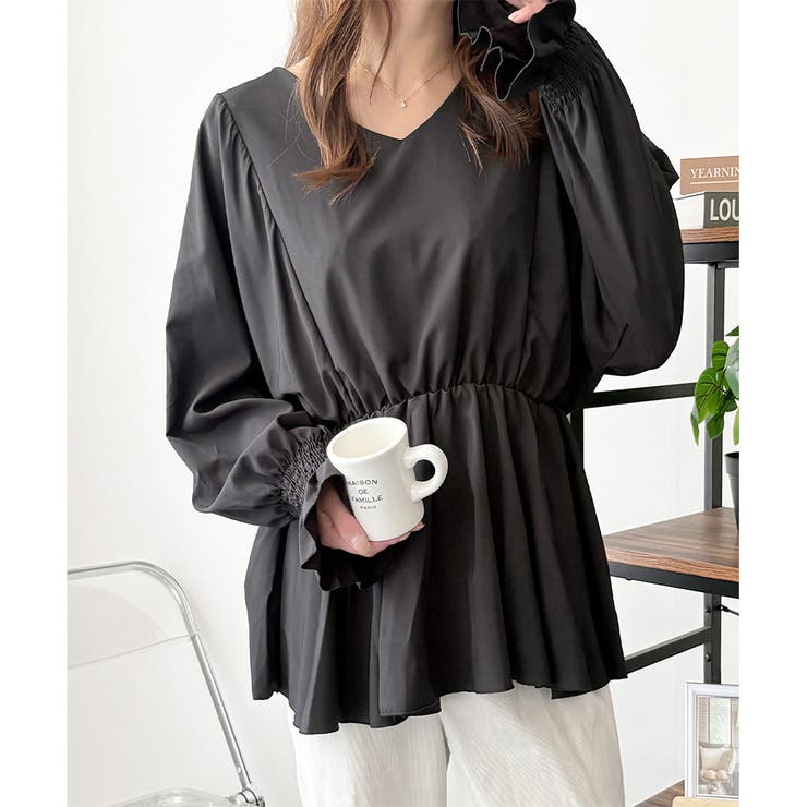 ブラック | Vネックギャザーブラウス レディース 韓国 | Dewlily
