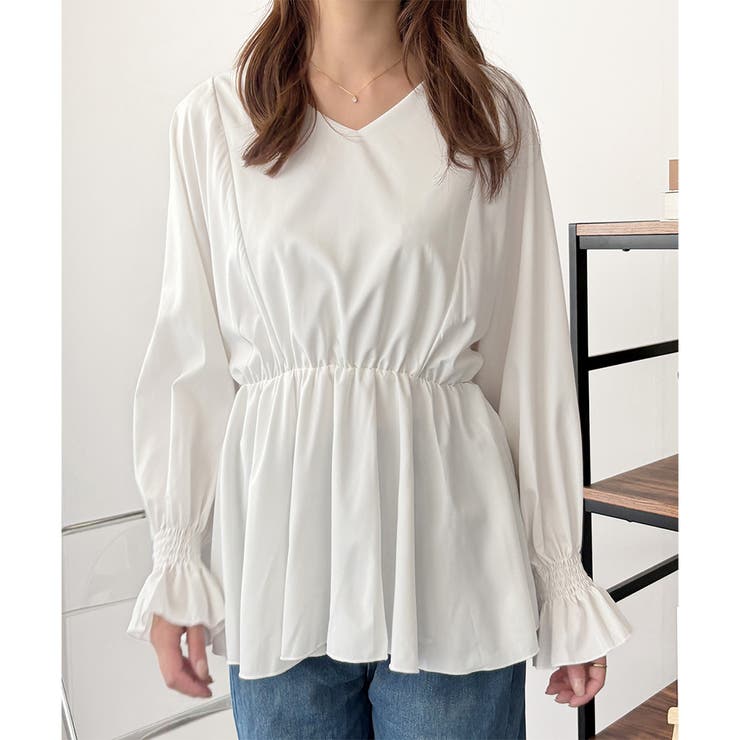 ホワイト | Vネックギャザーブラウス レディース 韓国 | Dewlily