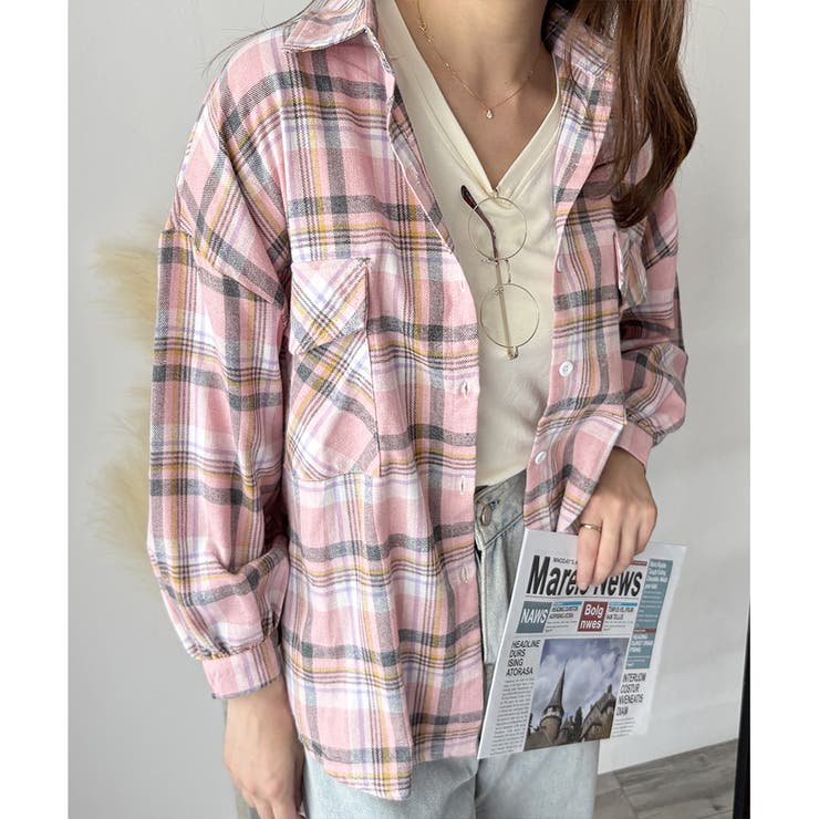 オーバーサイズチェック柄シャツ レディース 韓国 | Dewlily | 詳細画像12 