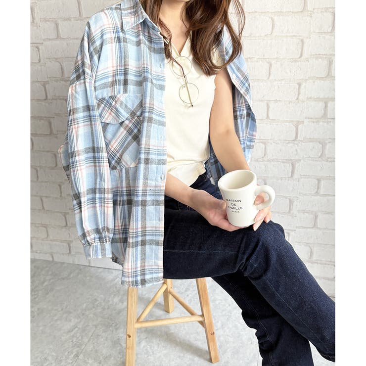 オーバーサイズチェック柄シャツ レディース 韓国 | Dewlily | 詳細画像2 