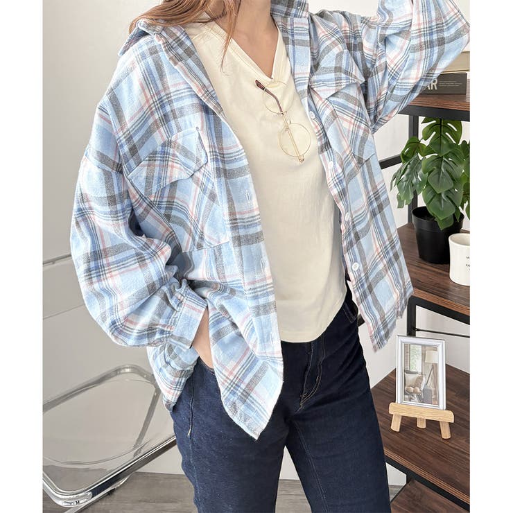 オーバーサイズチェック柄シャツ レディース 韓国 | Dewlily | 詳細画像6 