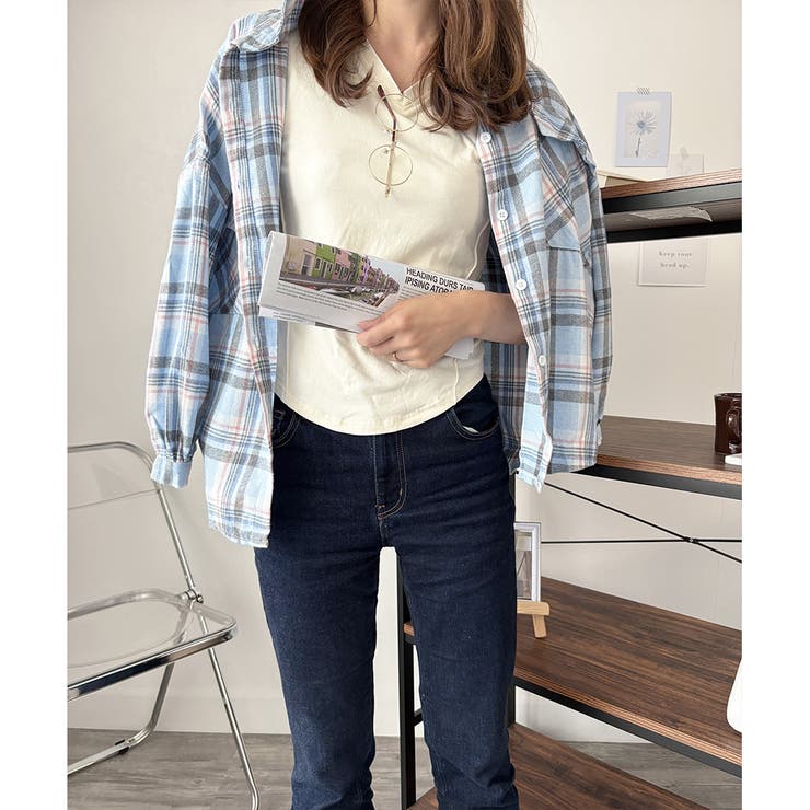 オーバーサイズチェック柄シャツ レディース 韓国 | Dewlily | 詳細画像8 