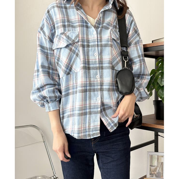 オーバーサイズチェック柄シャツ レディース 韓国 | Dewlily | 詳細画像9 