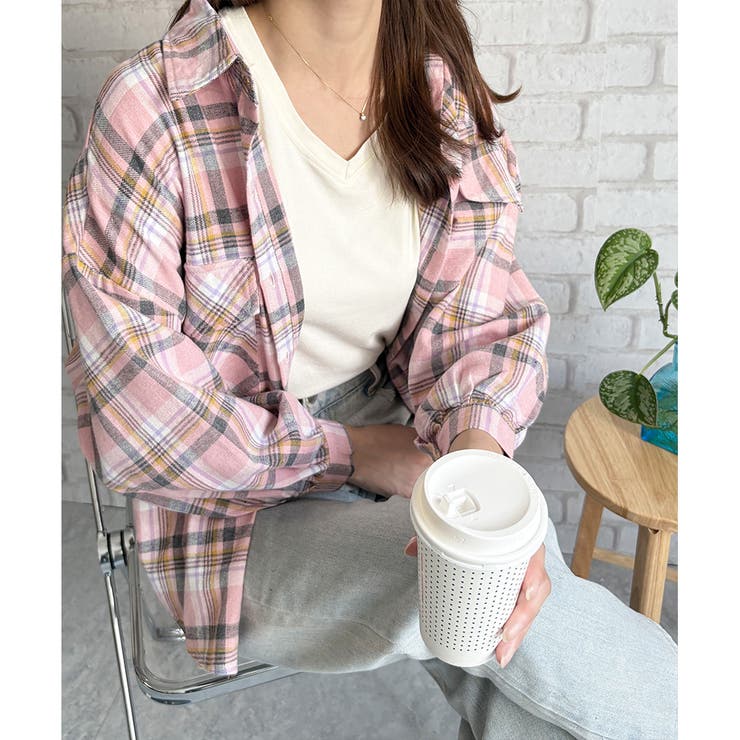 ピンク | オーバーサイズチェック柄シャツ レディース 韓国 | Dewlily