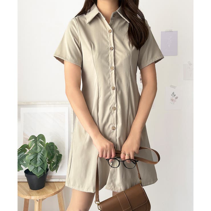 ベージュ | 半袖ミニシャツワンピース 夏トップス 半袖 | Dewlily