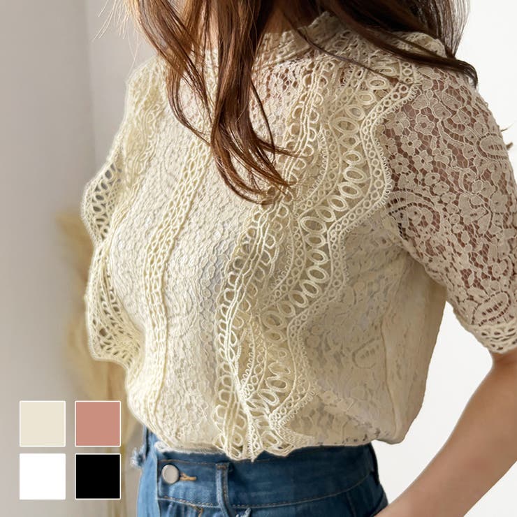 ラウンドネック半袖レースシャツ レディース 韓国 | Dewlily | 詳細画像1 