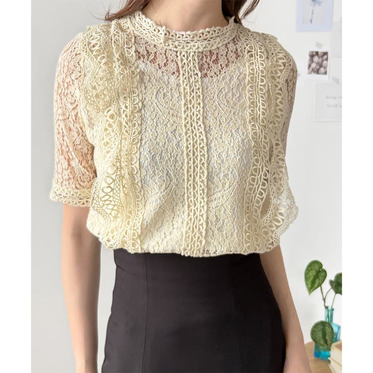 ラウンドネック半袖レースシャツ レディース 韓国 | Dewlily | 詳細画像10 