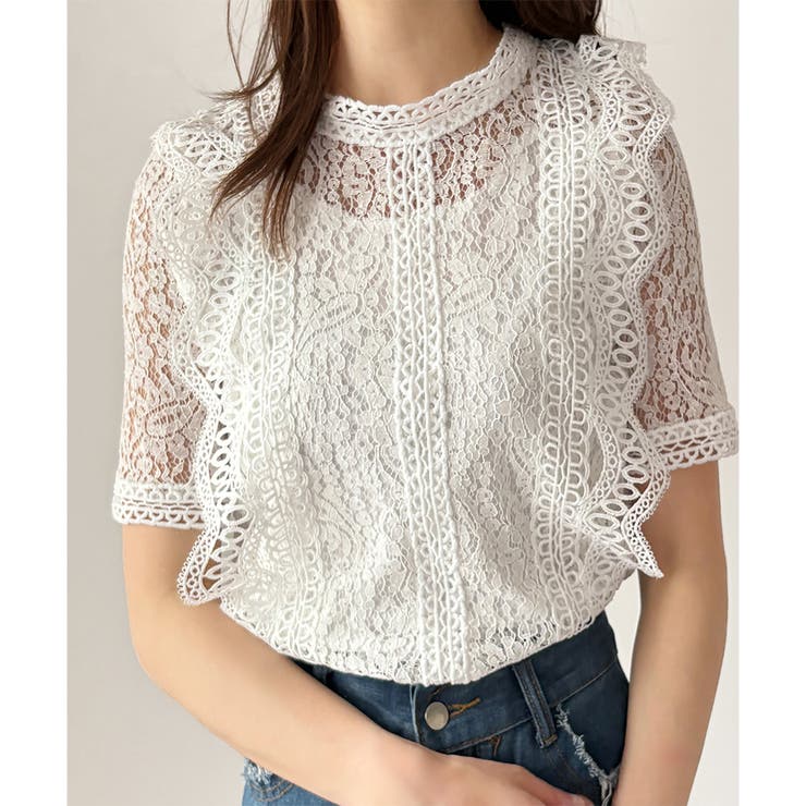 ラウンドネック半袖レースシャツ レディース 韓国 | Dewlily | 詳細画像14 