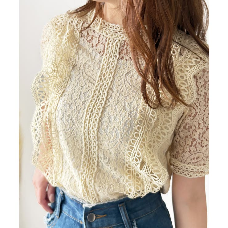 ラウンドネック半袖レースシャツ レディース 韓国 | Dewlily | 詳細画像16 