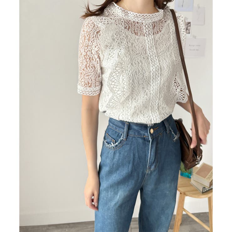 ラウンドネック半袖レースシャツ レディース 韓国 | Dewlily | 詳細画像18 