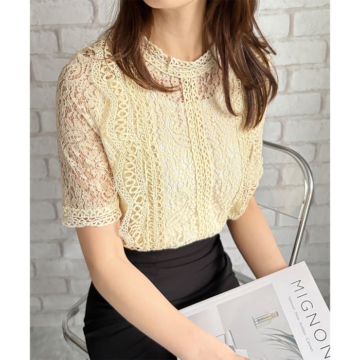 ラウンドネック半袖レースシャツ レディース 韓国 | Dewlily | 詳細画像2 