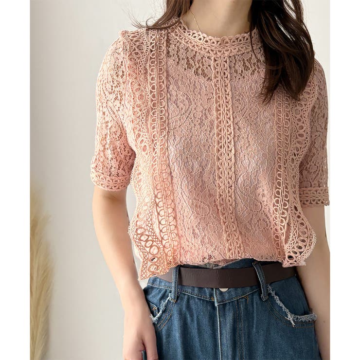 ラウンドネック半袖レースシャツ レディース 韓国 | Dewlily | 詳細画像3 