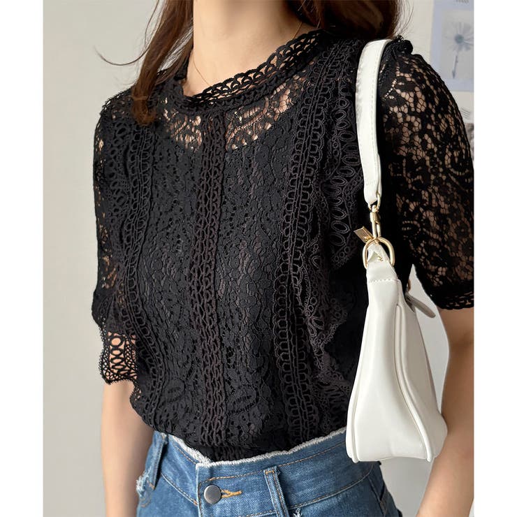 ブラック | ラウンドネック半袖レースシャツ レディース 韓国 | Dewlily