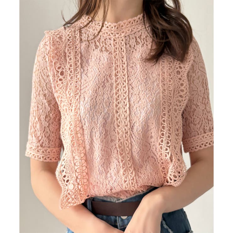 ピンク | ラウンドネック半袖レースシャツ レディース 韓国 | Dewlily