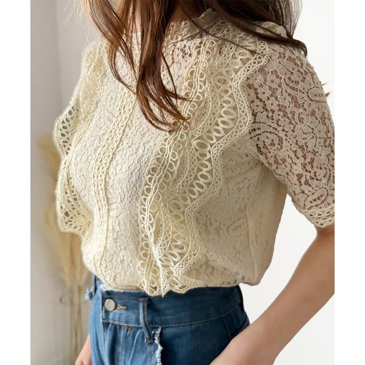 アイボリー | ラウンドネック半袖レースシャツ レディース 韓国 | Dewlily