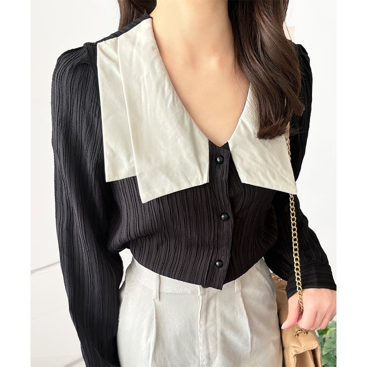 ブラック | シワ加工セーラーカラーブラウス ブラウス 軽やか | Dewlily