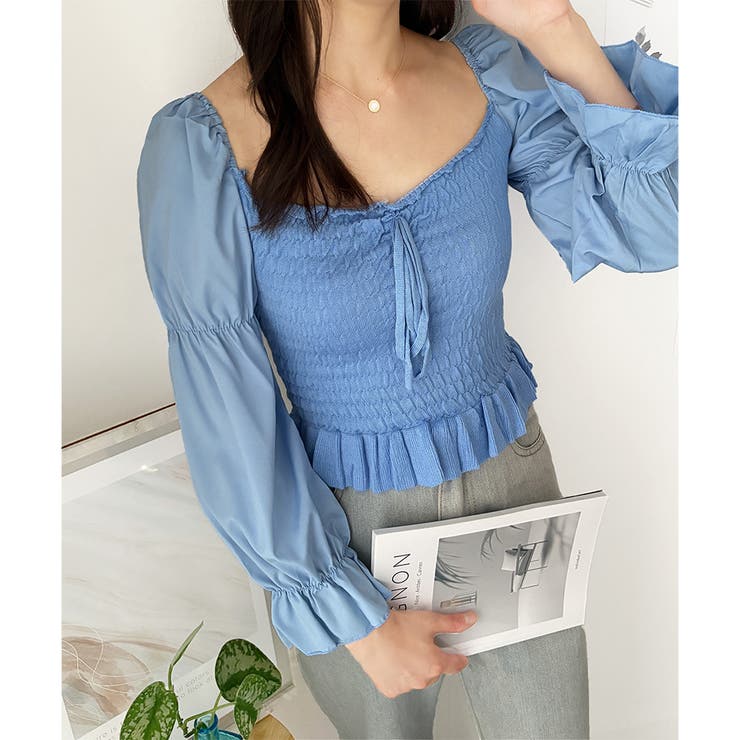シャーリングパフスリーブトップス 韓国 ファッション | Dewlily | 詳細画像10 