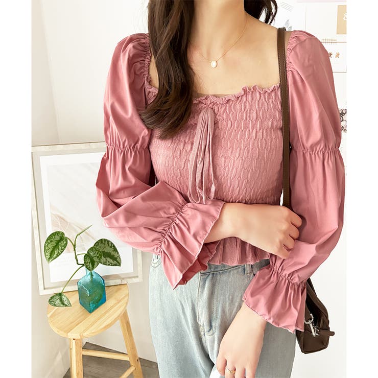 シャーリングパフスリーブトップス 韓国 ファッション | Dewlily | 詳細画像11 