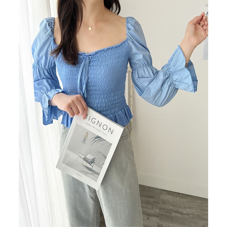 シャーリングパフスリーブトップス 韓国 ファッション | Dewlily | 詳細画像16 