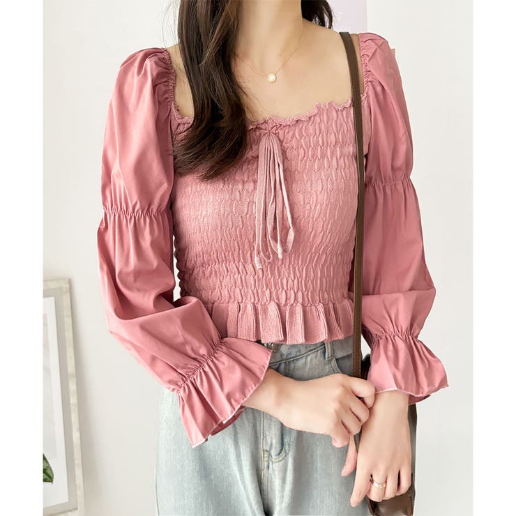 シャーリングパフスリーブトップス 韓国 ファッション | Dewlily | 詳細画像17 