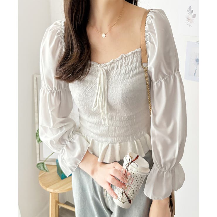 シャーリングパフスリーブトップス 韓国 ファッション | Dewlily | 詳細画像9 