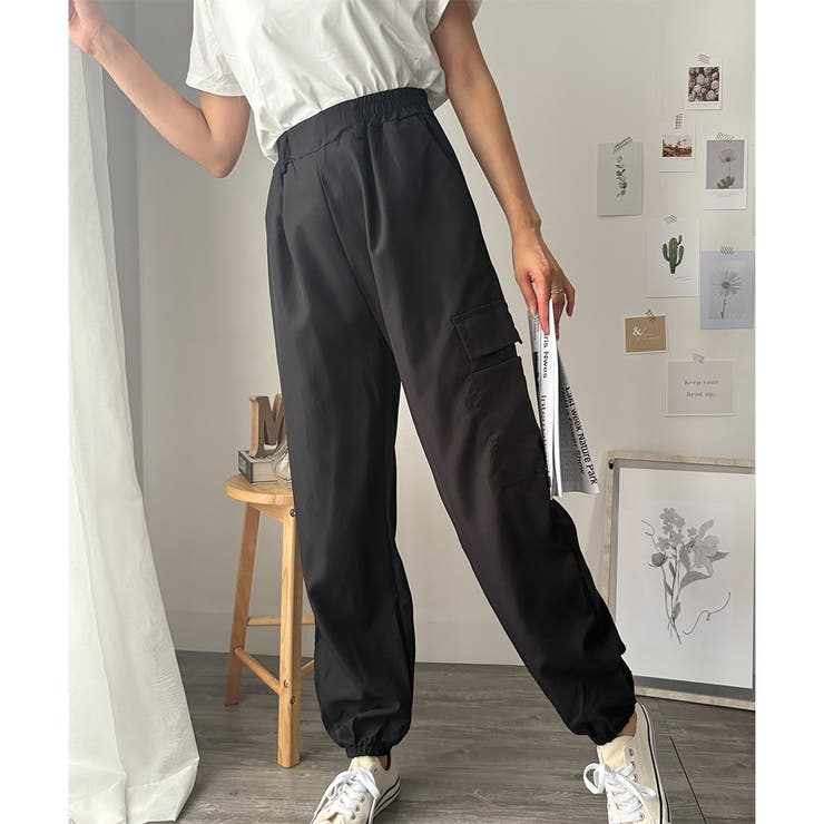 ブラック | カーゴ風ジョガーパンツ レディース 無地 | Dewlily