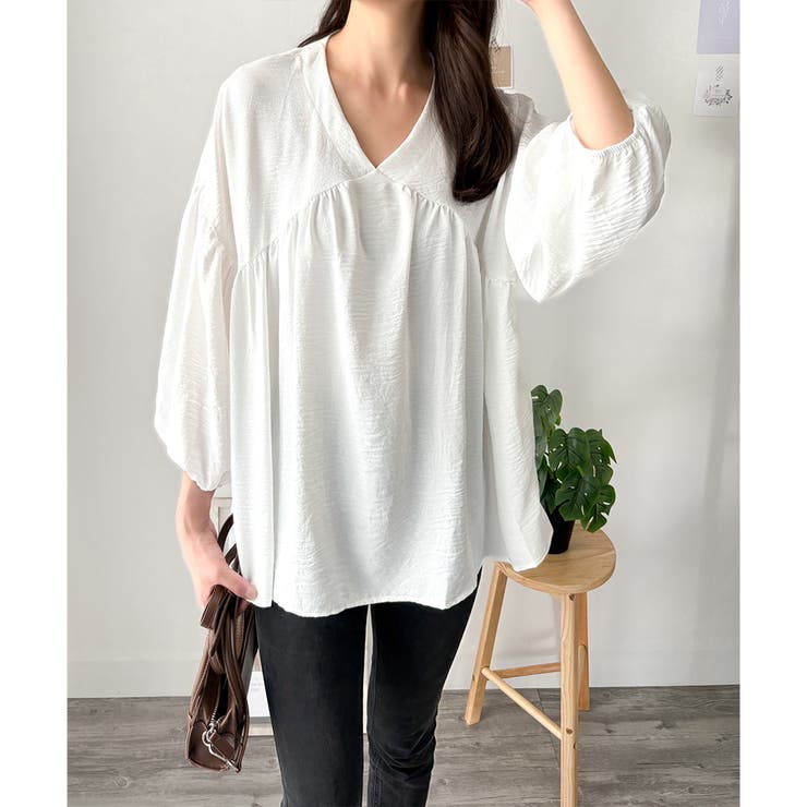 Vネックギャザーブラウス ブラウス 軽やか | Dewlily | 詳細画像2 