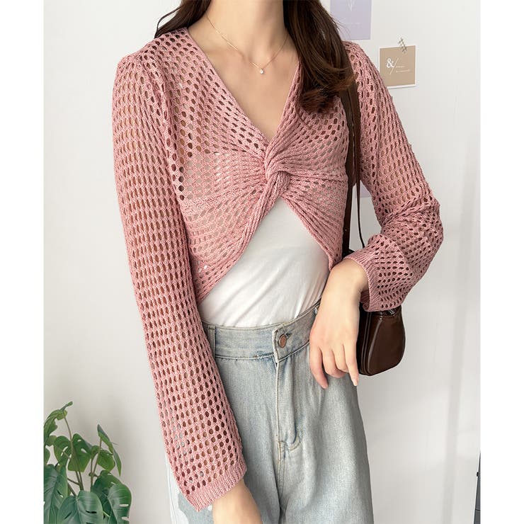 ピンク | 透かし編みねじりショートトップス 韓国 ファッション | Dewlily