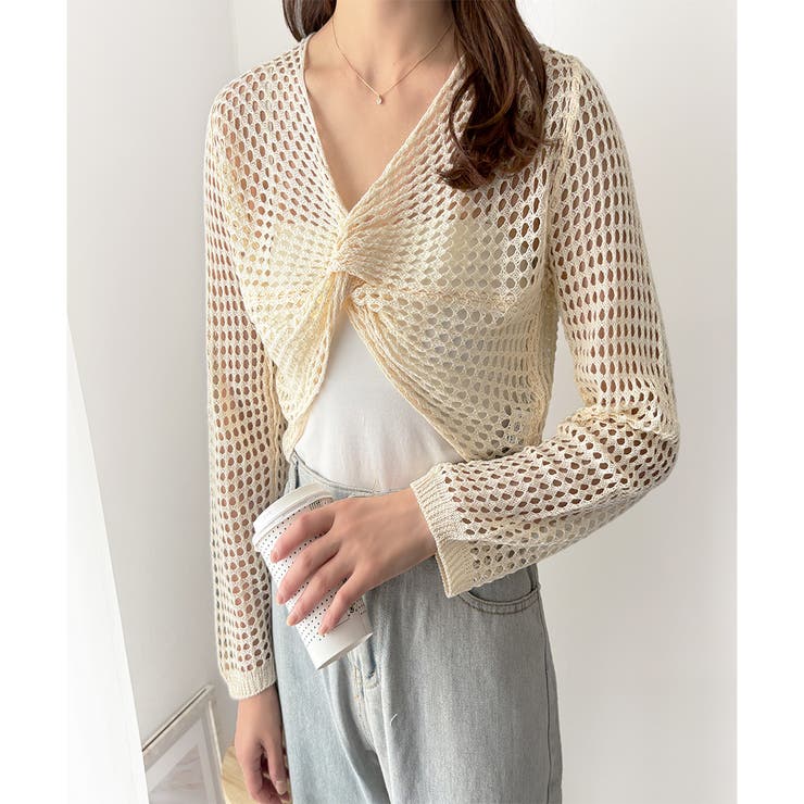 アイボリー | 透かし編みねじりショートトップス 韓国 ファッション | Dewlily