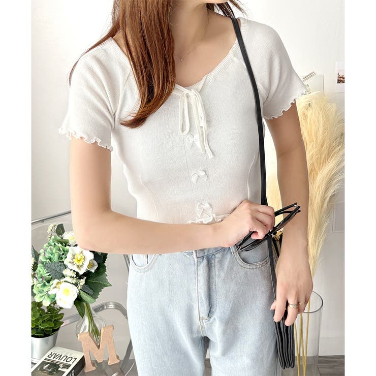 リボン付きショートニットトップス レディース 半袖 | Dewlily | 詳細画像11 