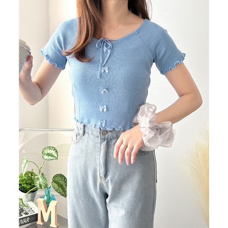 リボン付きショートニットトップス レディース 半袖 | Dewlily | 詳細画像15 