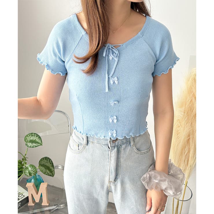 リボン付きショートニットトップス レディース 半袖 | Dewlily | 詳細画像17 