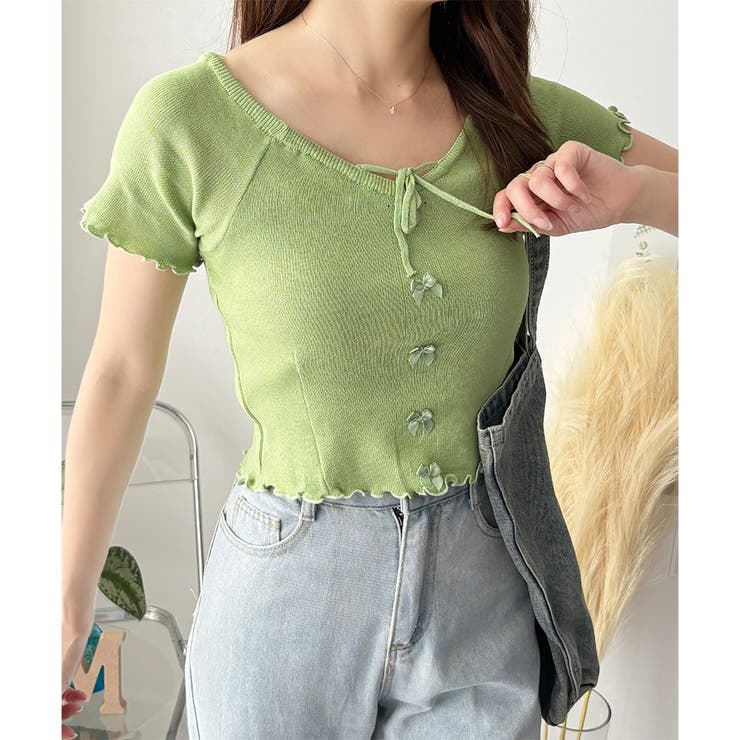 リボン付きショートニットトップス レディース 半袖 | Dewlily | 詳細画像19 