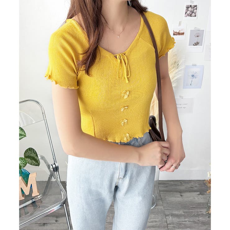 リボン付きショートニットトップス レディース 半袖 | Dewlily | 詳細画像22 