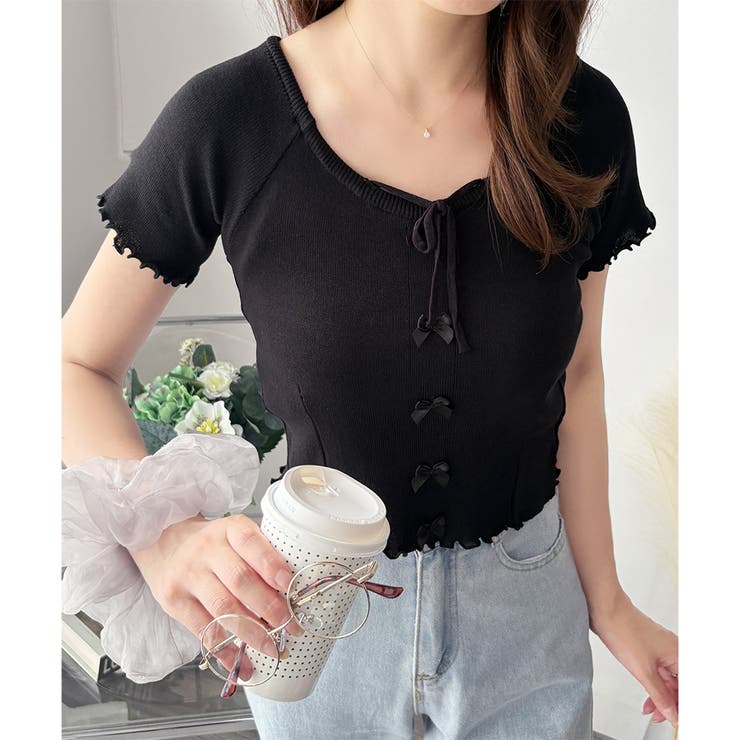 リボン付きショートニットトップス レディース 半袖 | Dewlily | 詳細画像25 
