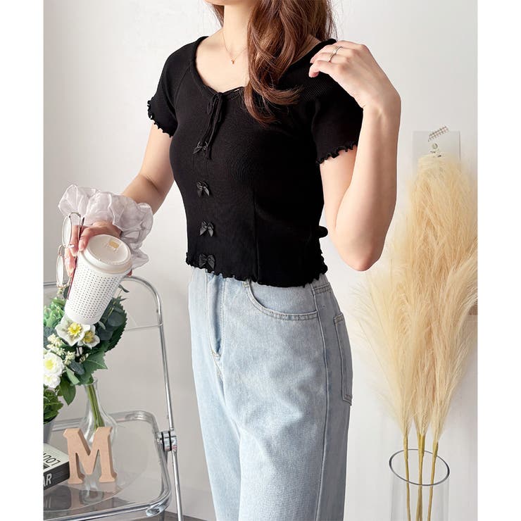 リボン付きショートニットトップス レディース 半袖 | Dewlily | 詳細画像26 