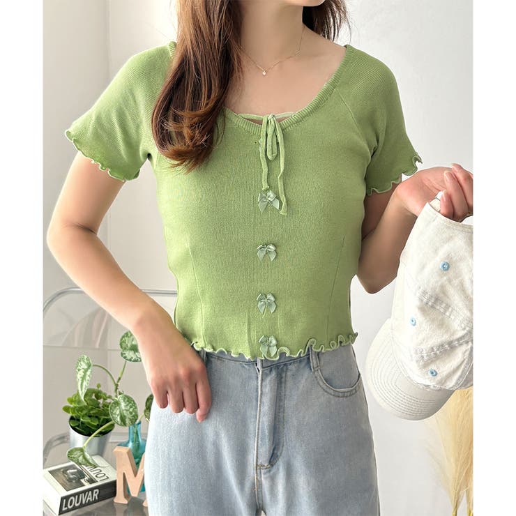グリーン | リボン付きショートニットトップス レディース 半袖 | Dewlily