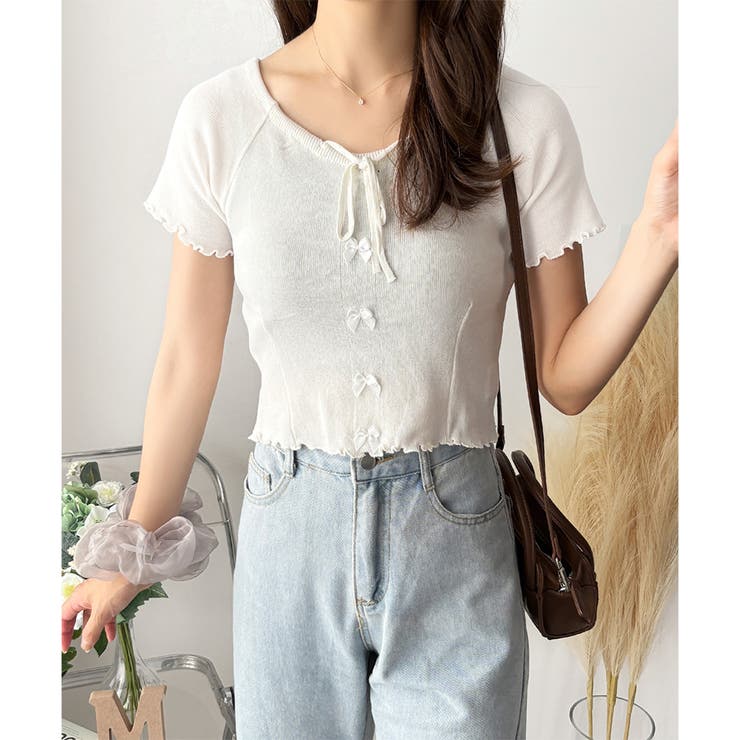 ホワイト | リボン付きショートニットトップス レディース 半袖 | Dewlily