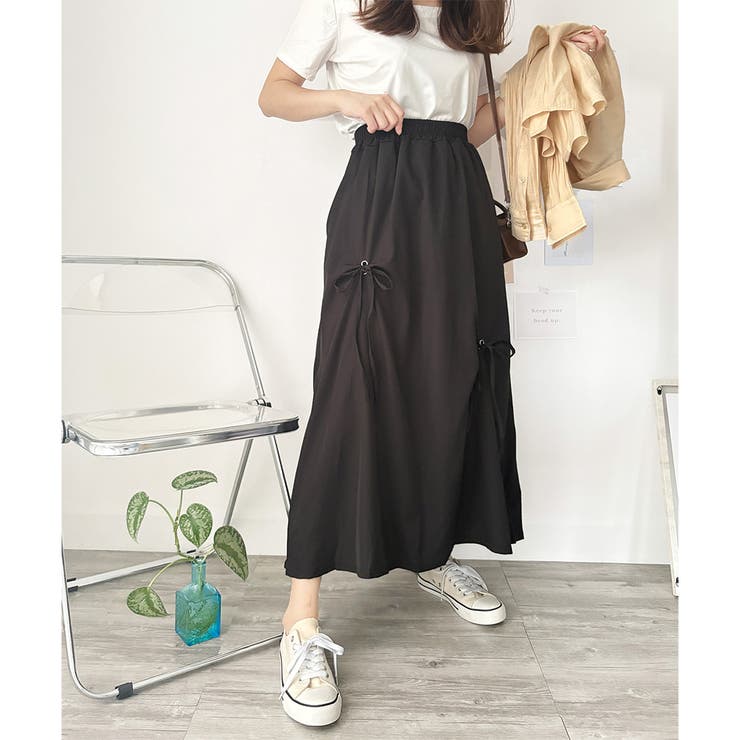 ブラック | リボン付きロングスカート レディース 無地 | Dewlily