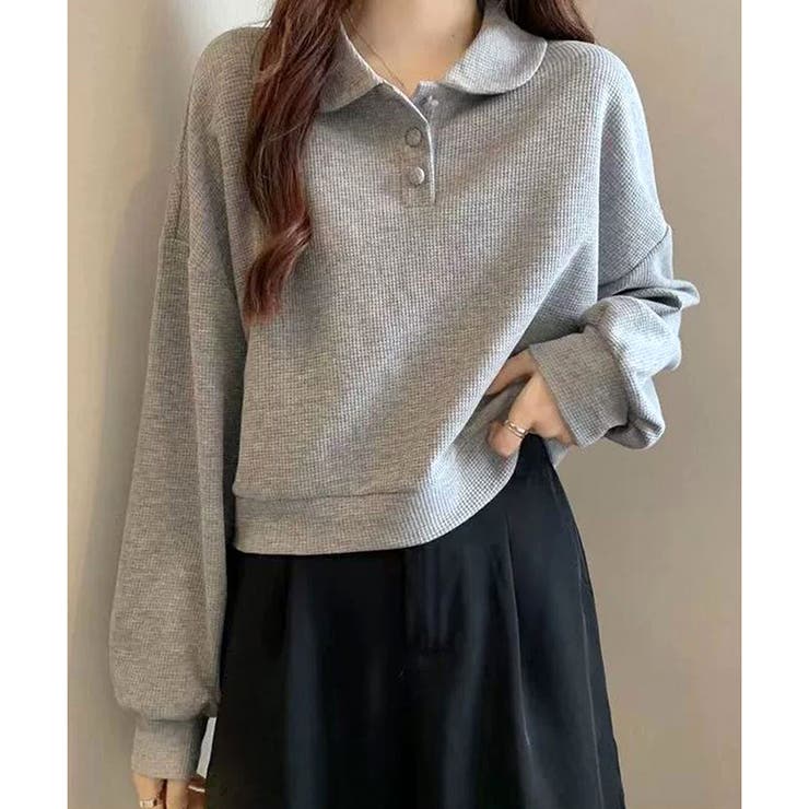 ショート丈ワッフル風ポロプルオーバー 韓国 レディース | Dewlily | 詳細画像2 