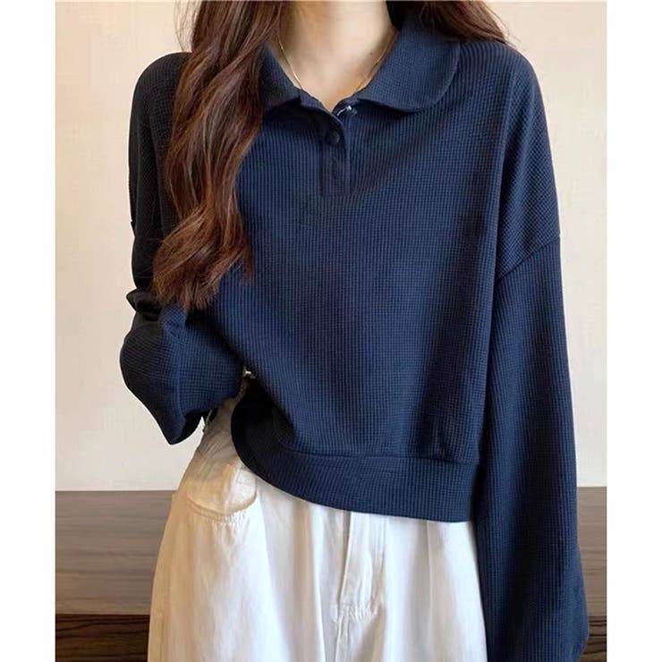 ショート丈ワッフル風ポロプルオーバー 韓国 レディース | Dewlily | 詳細画像3 