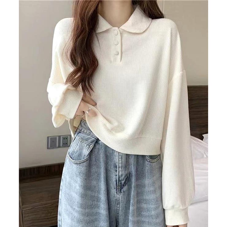 ショート丈ワッフル風ポロプルオーバー 韓国 レディース | Dewlily | 詳細画像4 