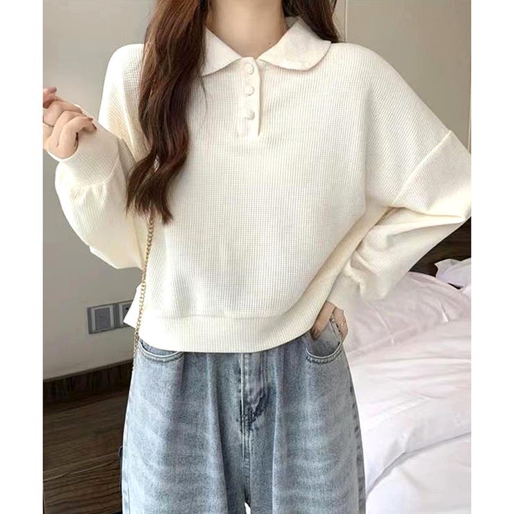 ショート丈ワッフル風ポロプルオーバー 韓国 レディース | Dewlily | 詳細画像6 