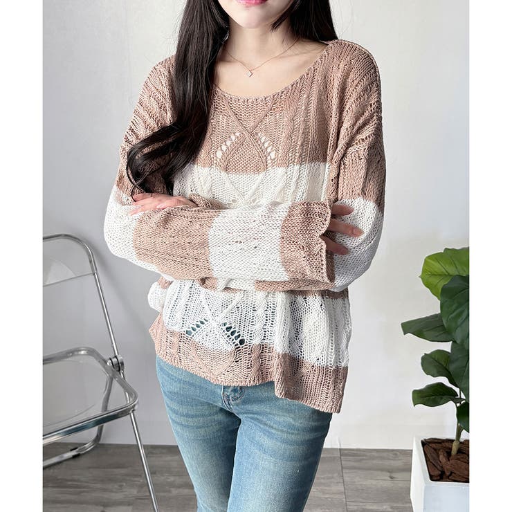 ワイドボーダールーズニットトップス 大人カジュアル ゆったり | Dewlily | 詳細画像2 