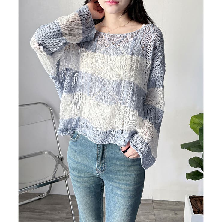 ワイドボーダールーズニットトップス 大人カジュアル ゆったり | Dewlily | 詳細画像4 